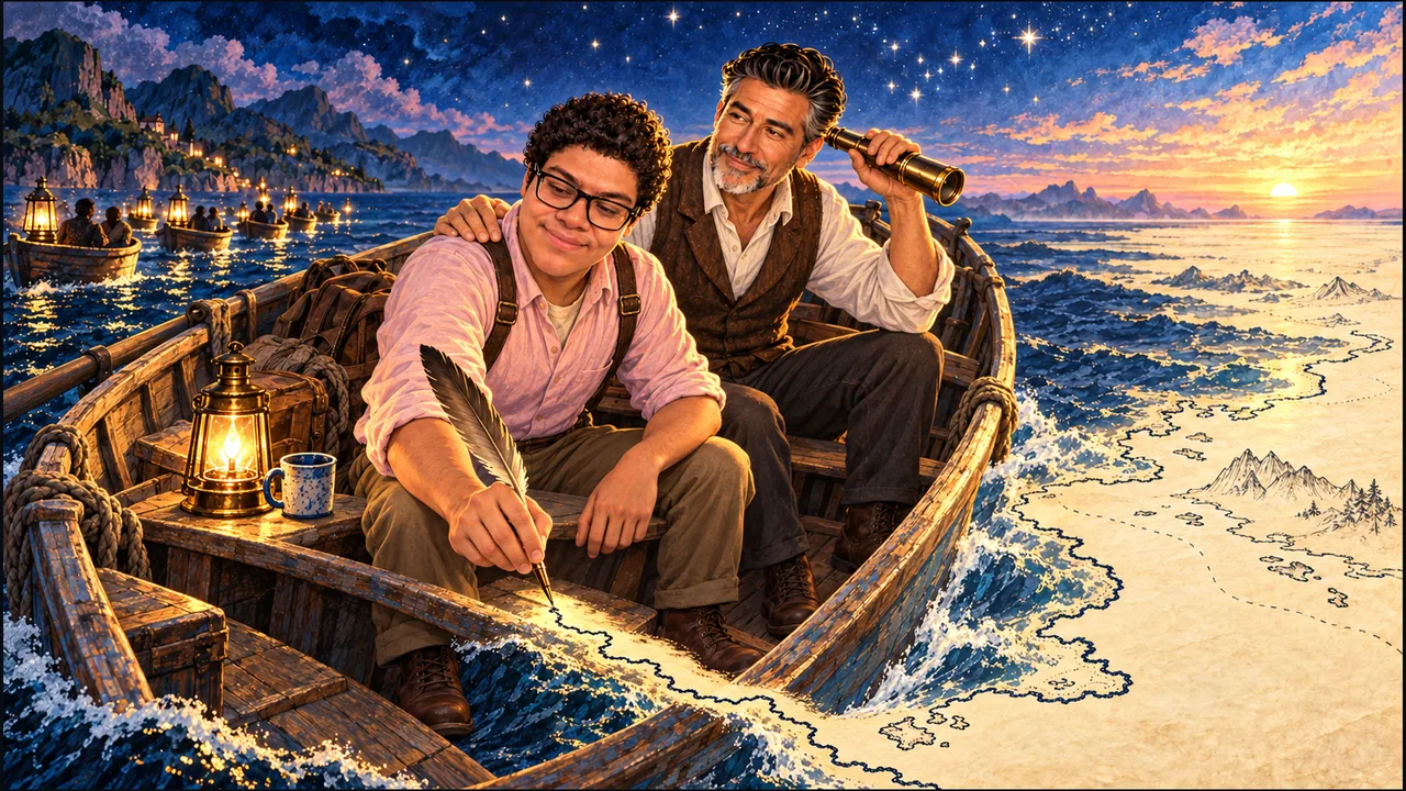 Dany and SabioRex sit together inside a wooden boat at dawn as Dany draws coastlines onto a sea turning into parchment, with lantern-lit boats following.