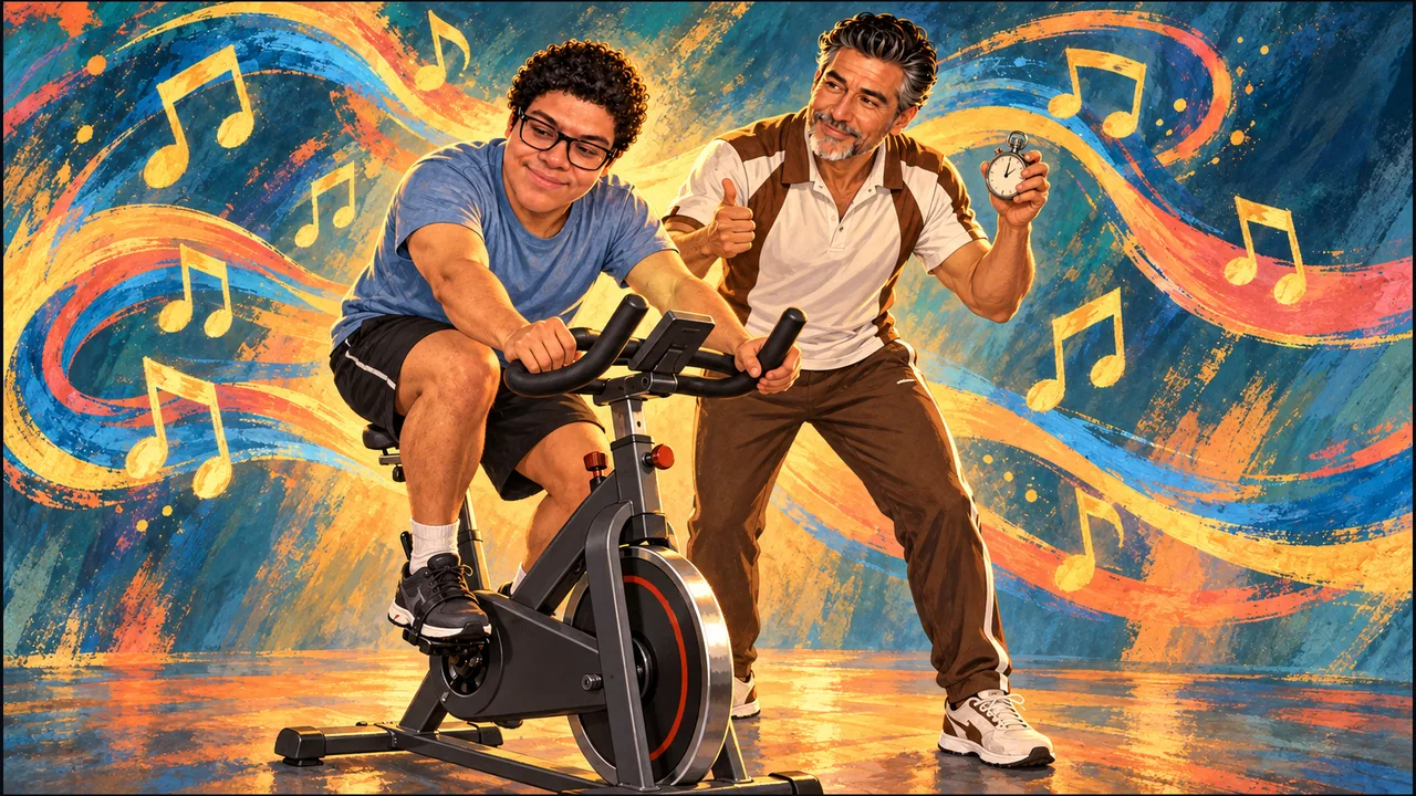 Dany pedals a stationary bike while SabioRex, in white-and-brown training clothes, holds a stopwatch and gives an encouraging thumbs-up amid colorful musical brushstrokes.