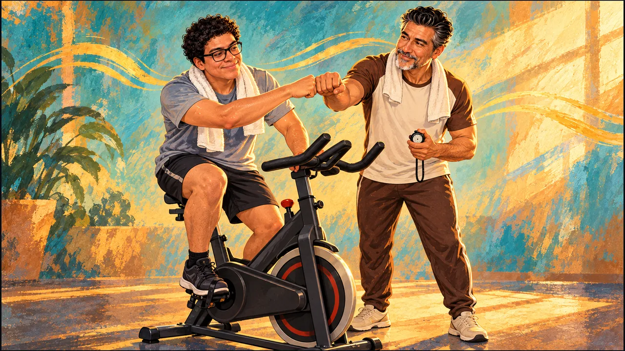 Dany sits on a stationary bike and fist-bumps SabioRex, who wears white-and-brown training clothes and holds a stopwatch, amid warm turquoise and golden brushstrokes.