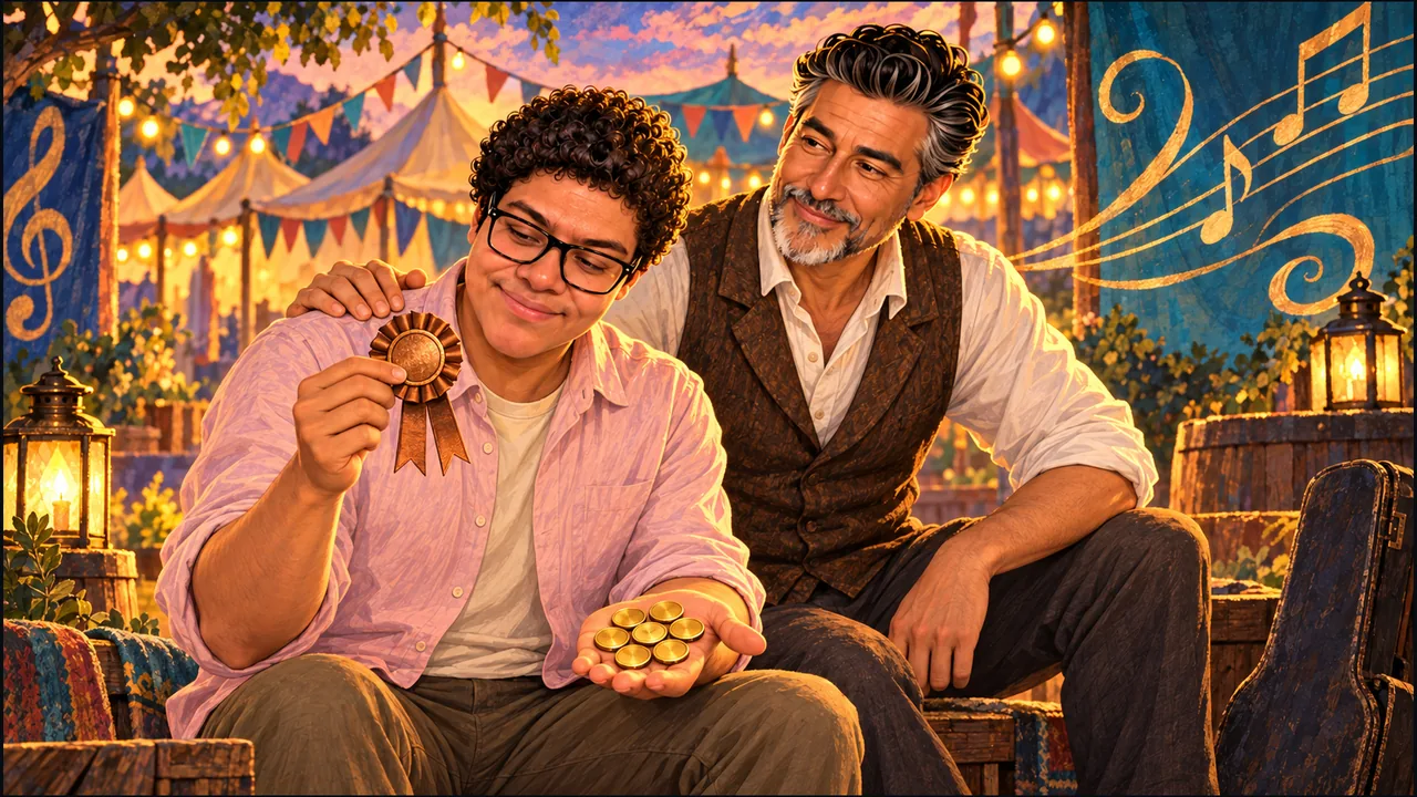 Dany smiles at a bronze prize ribbon and seven symbolic golden coins while SabioRex rests a hand on his shoulder in a warmly illustrated fair setting.