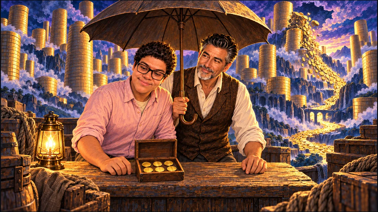 Dany guards a small box of six golden coins while human SabioRex holds an umbrella over them, with enormous coin towers and a cascading stream of coins behind the pair.