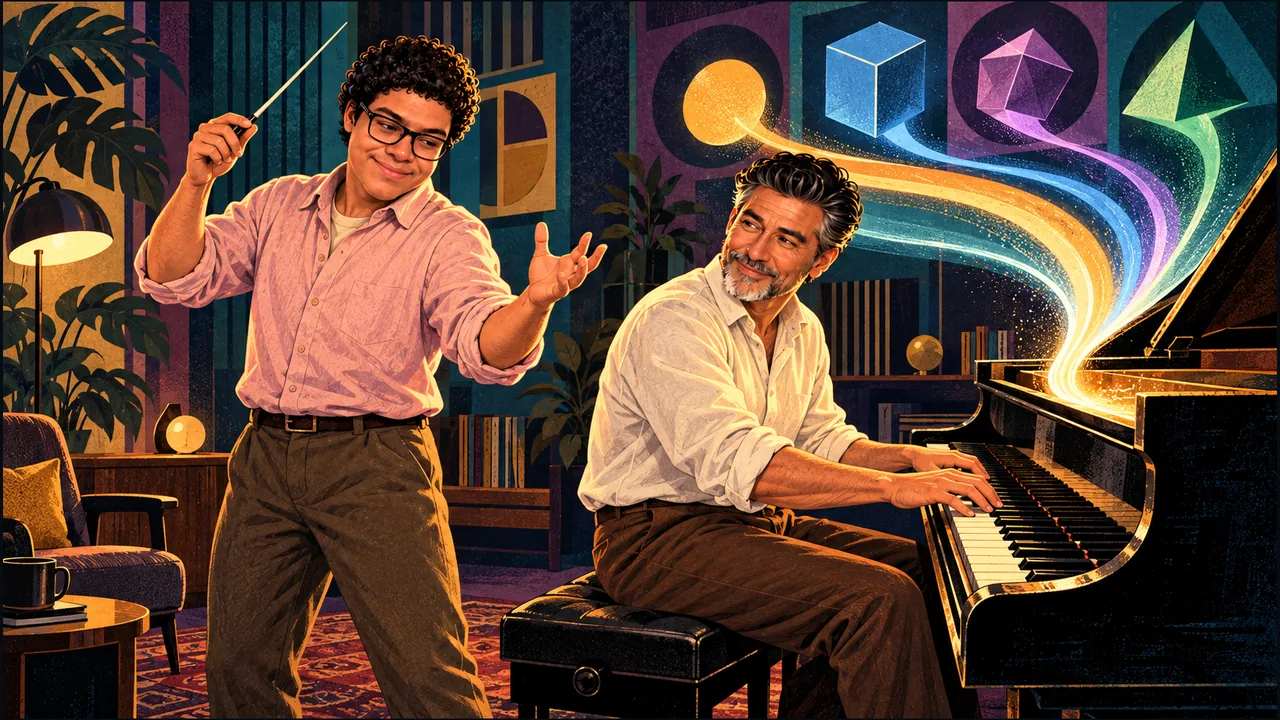 Dany conducts with a baton while human SabioRex smiles back and plays piano, as colored light streams from abstract geometric shapes converge at the instrument.