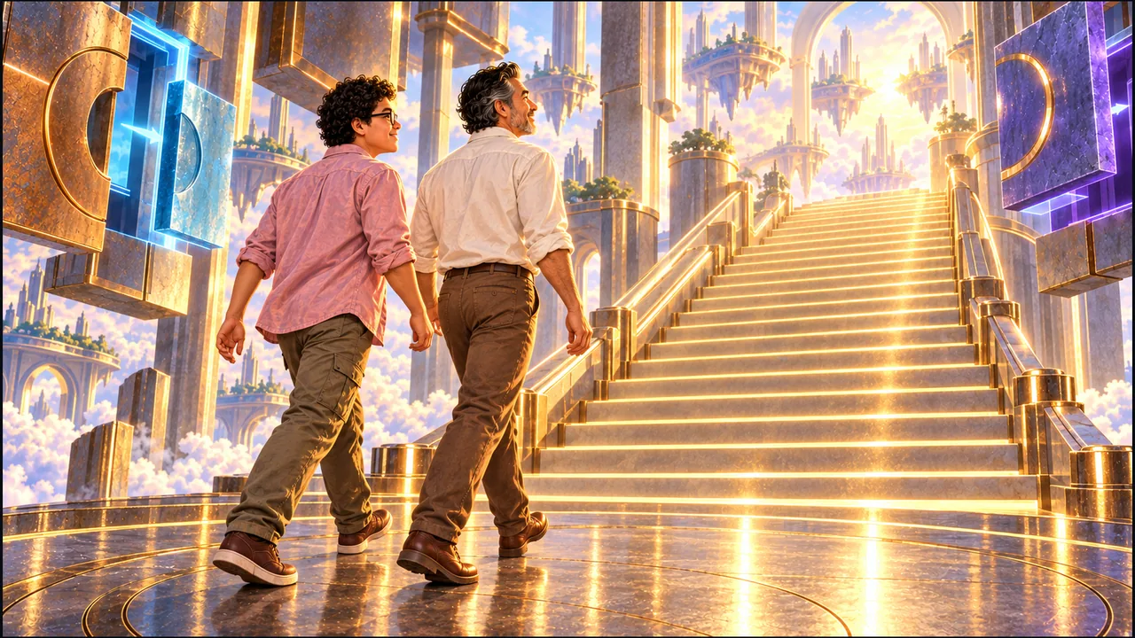 Dany and human SabioRex approach a luminous ascending staircase together, seen from behind and to the side amid golden architecture and cyan and violet floating wall panels.