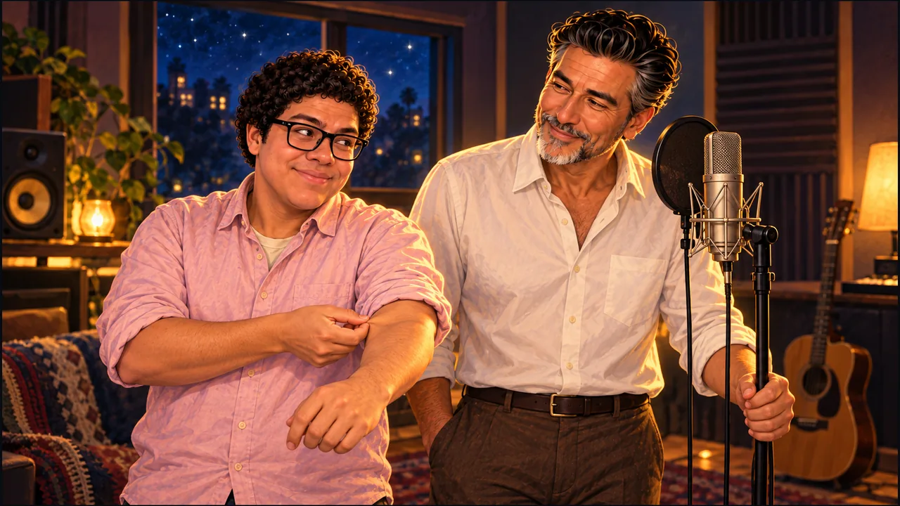 Dany smiles and pinches his forearm near his rolled sleeve while human SabioRex smiles back beside a studio microphone in a warmly lit nighttime recording room.