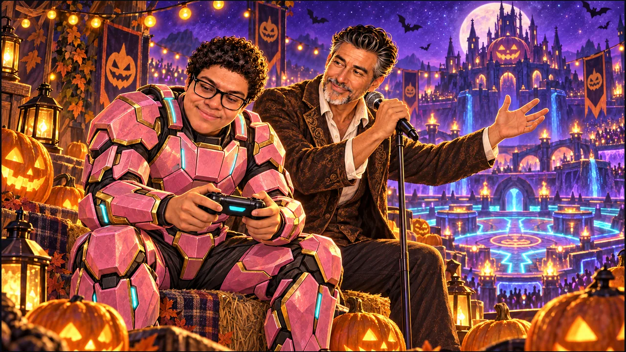 Dany in pink-and-gold futuristic armor holds a game controller beside human SabioRex at a microphone, surrounded by glowing pumpkins above a purple Halloween fantasy arena.