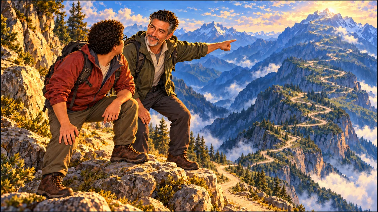 Dany and human SabioRex pause on a rocky ledge while SabioRex points toward a long winding road climbing a distant sunlit mountain.
