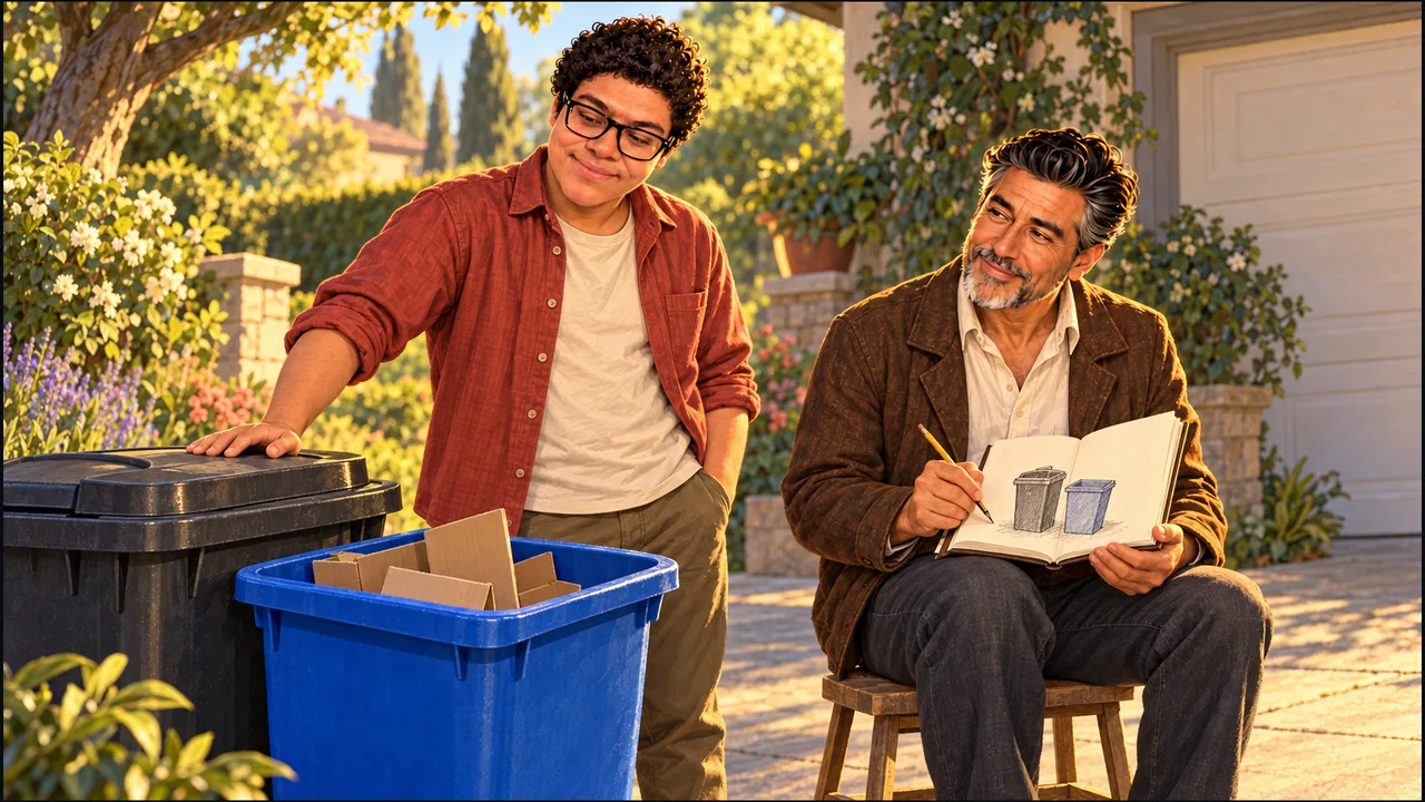 Dany proudly stands beside trash and recycling bins while human SabioRex sketches the two bins in an open diary.