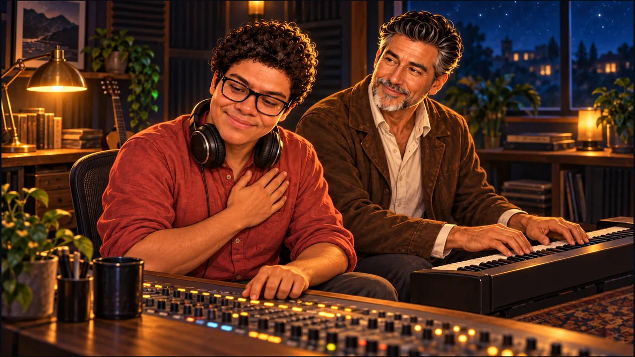 Dany listens with tears in his eyes and a hand over his heart while SabioRex plays a keyboard beside him in a warmly lit nighttime studio.
