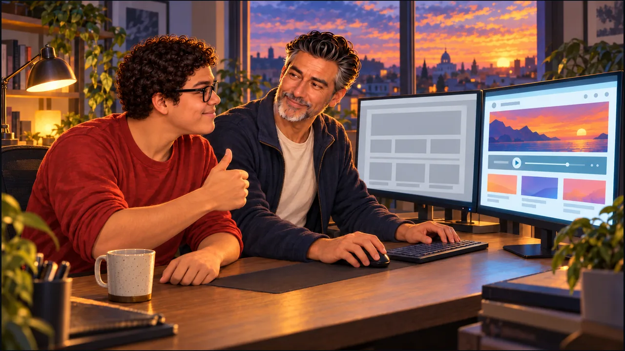 Dany gives SabioRex a thumbs-up at a sunset-lit desk beside screens showing a rough page layout and a finished music webpage.
