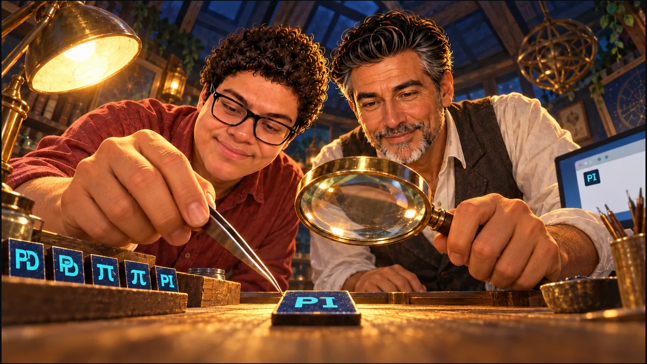 Seen from behind a tiny PI icon, Dany works with tweezers while SabioRex holds a magnifying glass above it, with five alternative icon designs beside them.