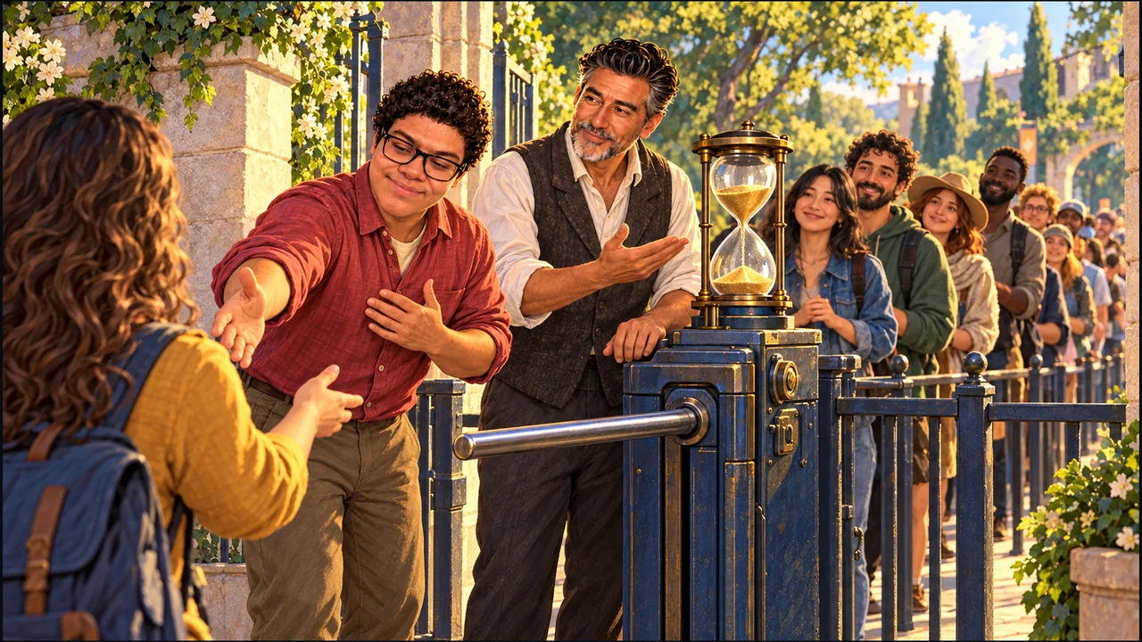 Dany welcomes a waiting follower while SabioRex gestures toward an hourglass above a paused turnstile, with a friendly queue stretching behind them.