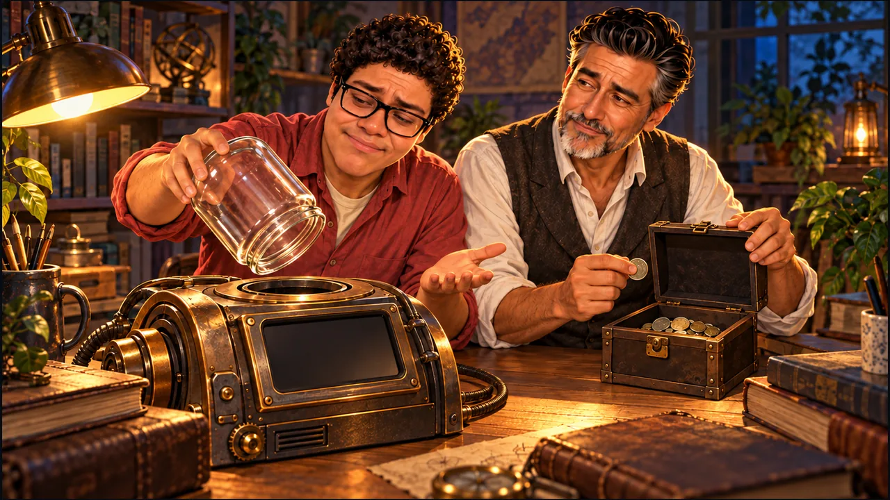 Dany ruefully tips an empty token jar toward a silent brass machine while SabioRex holds a small chest of coins with a wry expression.