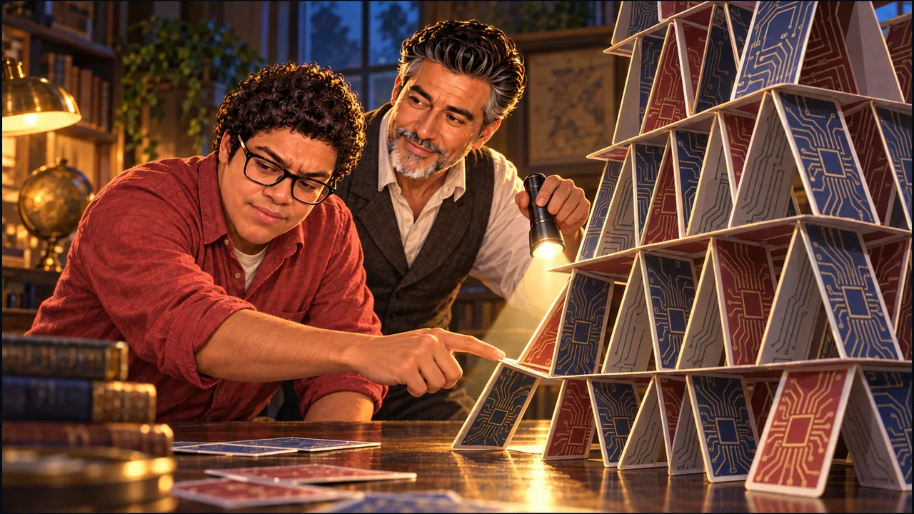 Dany points to an unstable lower card in a tall house of circuit-patterned cards while SabioRex illuminates the structure with a flashlight.