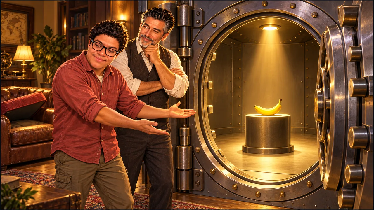 Dany presents a single banana on a spotlighted pedestal inside a huge open vault while SabioRex looks on with a thoughtful smile.