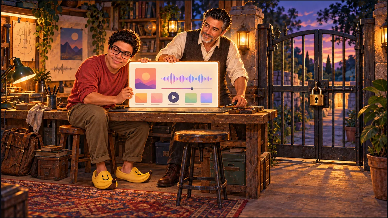 Dany wears banana slippers as he and SabioRex present a glowing music webpage panel on a workshop bench beside a closed, padlocked gate.