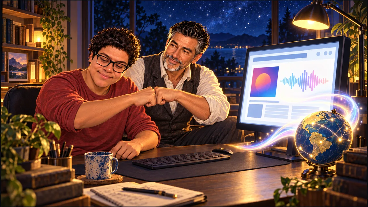 Dany and SabioRex celebrate with a fist bump beside a glowing music webpage, as a ribbon of light reaches a globe beneath a starry night sky.