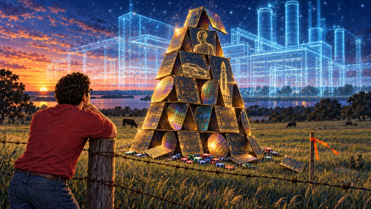 On an empty pasture at dusk, a tall house of cards built from computer chips and silicon wafers stands on a pile of poker chips, its top card slipping, while a giant chip factory appears only as a see-through glowing blueprint over the field. A man in a red shirt leans on a barbed-wire fence watching.